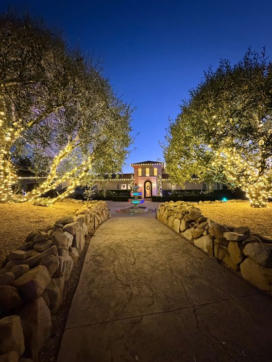 A stone-lined walkway between two olive trees wrapped in warm-white lights, leading to a lit home